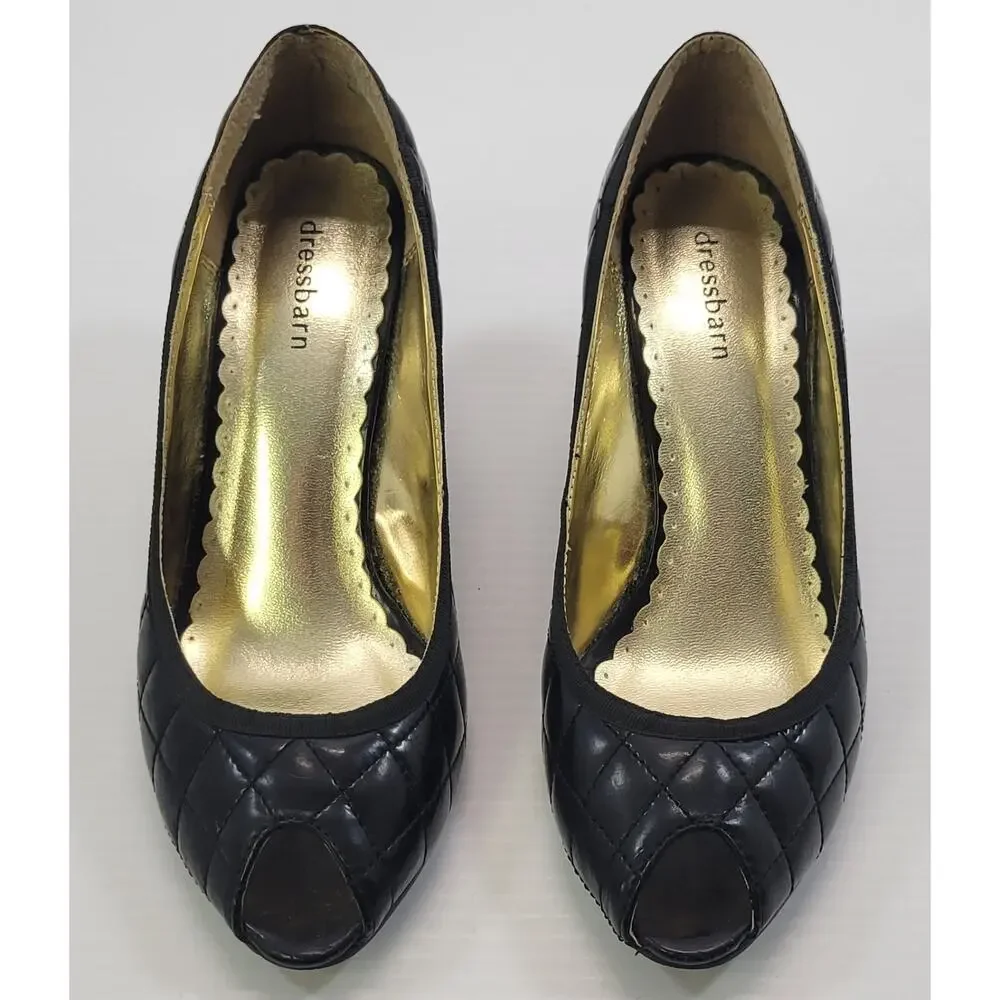 BG) Dressbarn Woman Quilted High Open Toe Black Heel Shoes 8M
